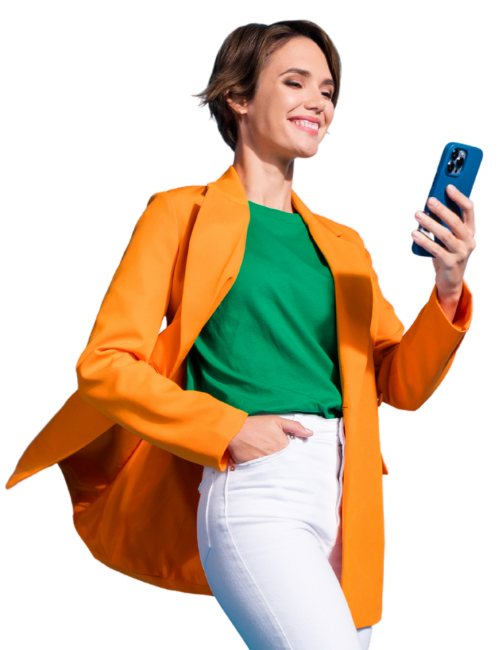 Worry-free woman banking on mobile app